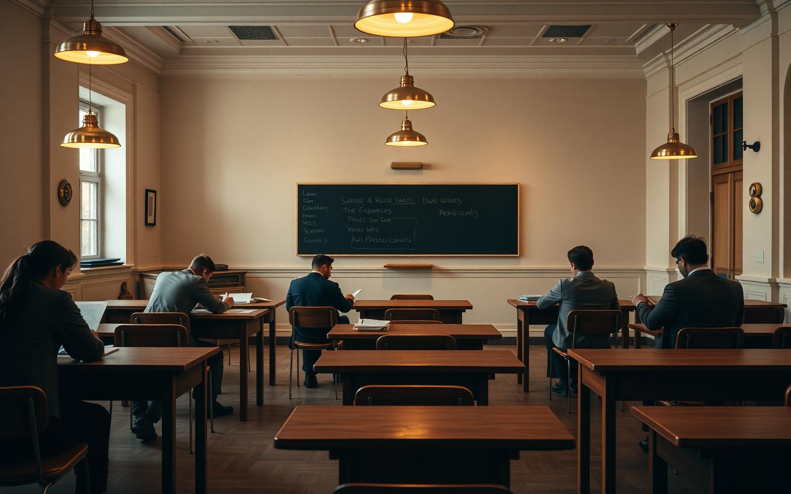 Sala de aula com mesas de madeira, luminárias em latão e quadro-negro