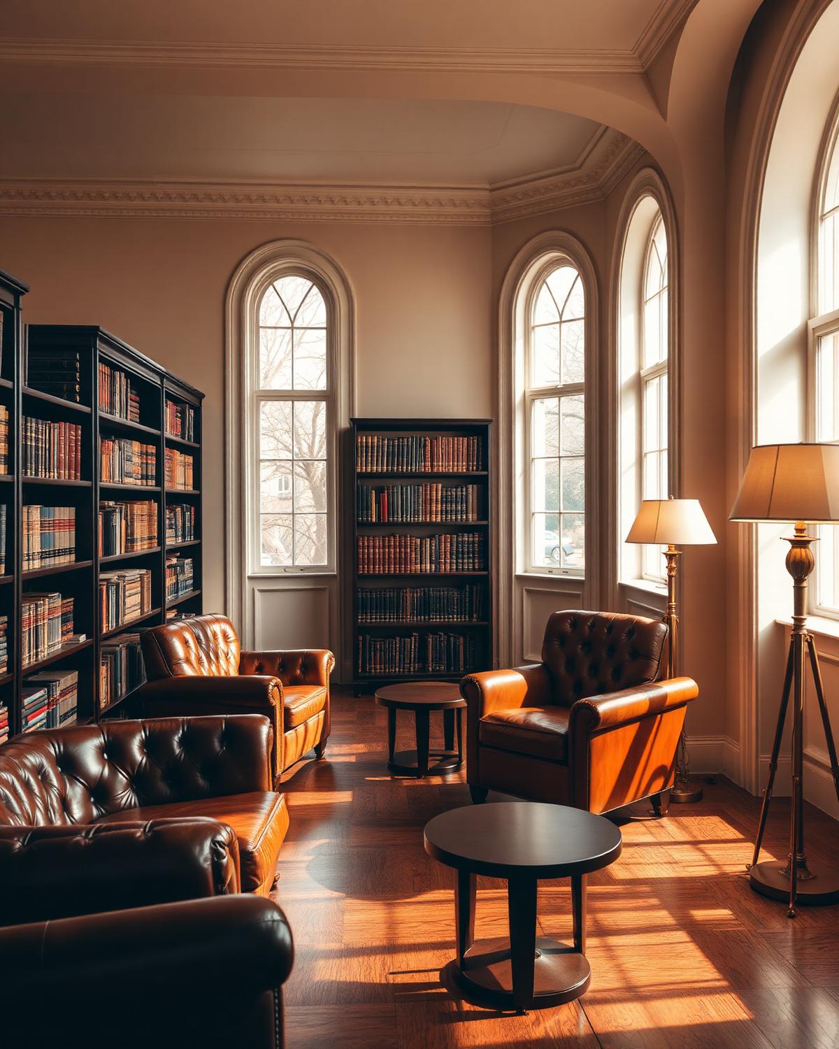 Sala de convivência com poltronas de couro e biblioteca jurídica